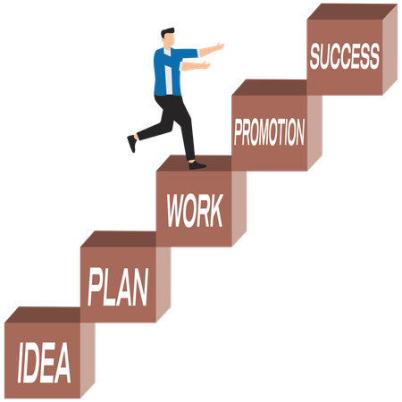 Successful businessman climbs the ladder with series of stages towards success  Illustration