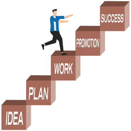 Successful businessman climbs the ladder with series of stages towards success  Illustration