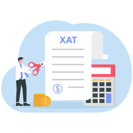 Successful businessman cuts heavy taxes with scissors  Illustration