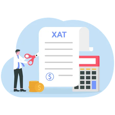 Successful businessman cuts heavy taxes with scissors  Illustration