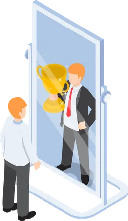 Flat 3 D Isometric Businessman See Himself Being Successful In The Mirror Successful Career Concept Illustration