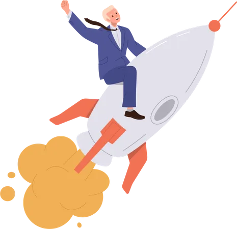 Successful Businessman Character Flying On Rocket Forward To Goal And New Opportunities Vector Illustration Isolated On White Background Career Growth Business Project Launching And Advancement Illustration