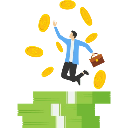Successful businessman happy and jumping on pile of money  Illustration