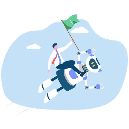 Successful businessman holding number one flag standing on top of flying robot  Illustration