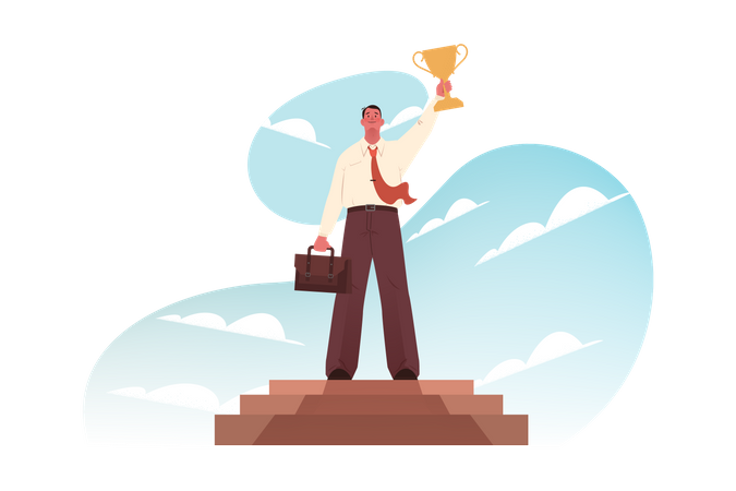 Successful businessman holding trophy  Illustration