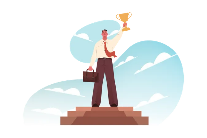 Successful businessman holding trophy  Illustration