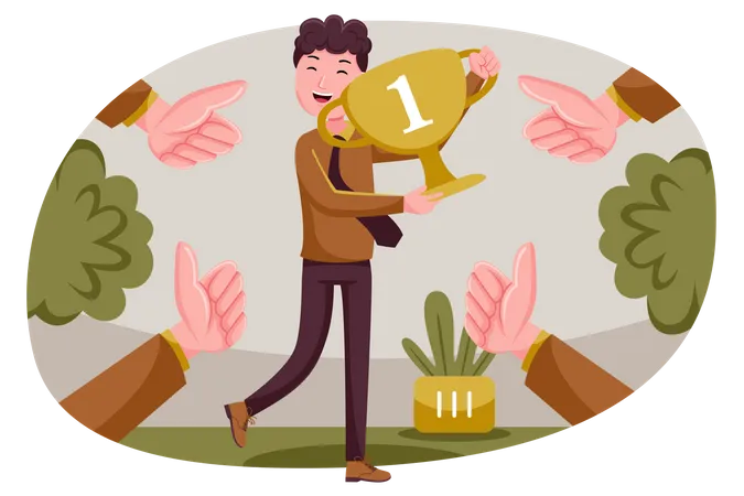 Successful businessman holding trophy  Illustration