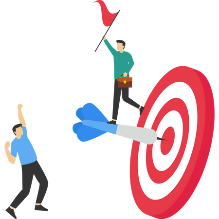 Successful businessman holding winner flag on arrow hitting bullseye target  Illustration