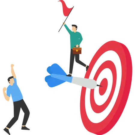 Successful businessman holding winner flag on arrow hitting bullseye target  Illustration