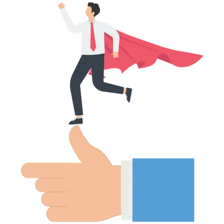 Successful businessman in red cape standing on giant thumb  Illustration