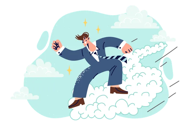 Successful Businessman Soars In Sky Achieving Triumph In Corporate Career Standing On Road Of Clouds Ambitious Business Man With Smile Rejoices At New Successful Deal Or Partnership Agreement Illustration