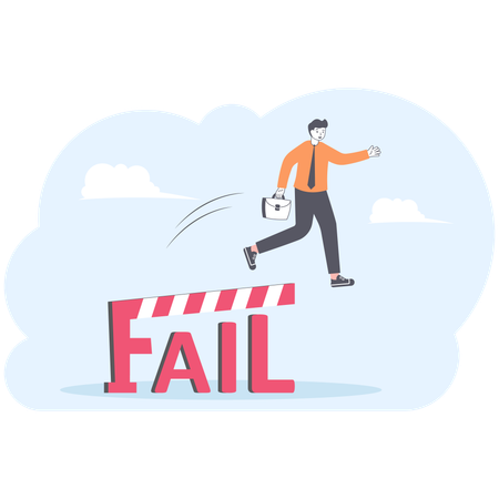 Successful businessman jumping over fail text  Illustration
