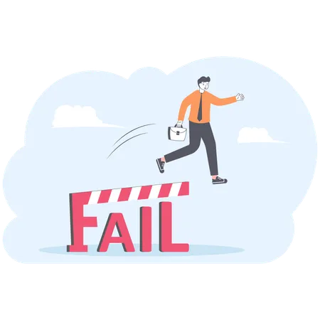 Successful businessman jumping over fail text  Illustration