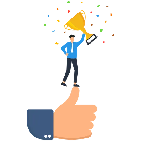 Employee Of The Month Great Manager Or Success Staff Winning Award Staff Appreciation Or Best Office Worker Concept Success Businessman Manager Celebrating Employee Award On Big Thumb Up Symbol イラスト