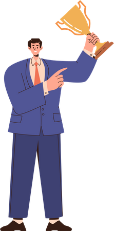 Successful businessman pointing at award goblet cup in hand  Illustration