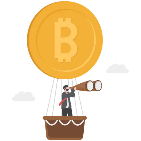 Successful businessman sees with telescope and flies hot air balloon with bitcoin  Illustration