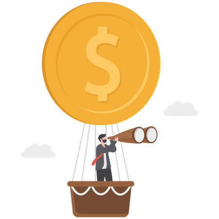 Successful businessman sees with  telescope and flies  hot air balloon with coin  Illustration