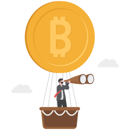 Successful businessman sees with telescope and flies hot air balloon with bitcoin  Illustration