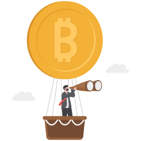 Successful Businessman Sees With A Telescope And Flies A Hot Air Balloon With Bitcoin Balloon Banking Bitcoin Illustration