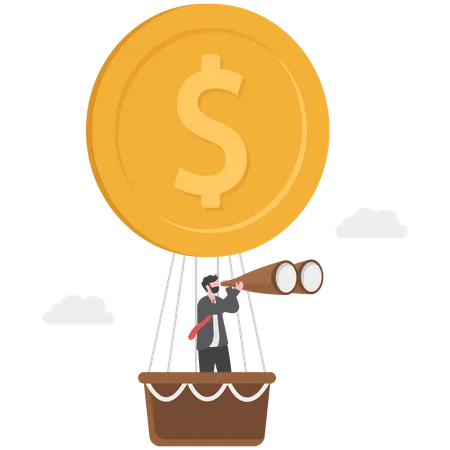 Successful businessman sees with  telescope and flies  hot air balloon with coin  イラスト