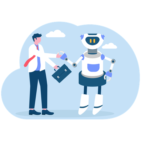 Successful businessman shaking hand with robot with artificial intelligence  Illustration