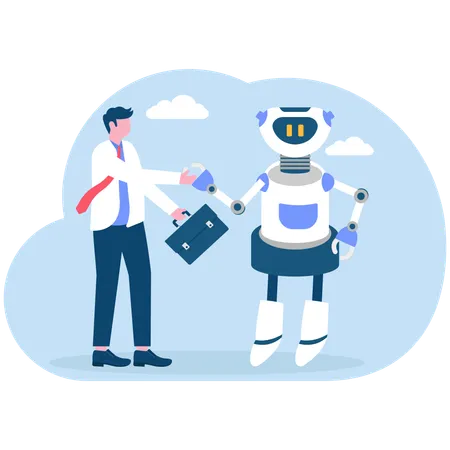 Successful businessman shaking hand with robot with artificial intelligence  Illustration