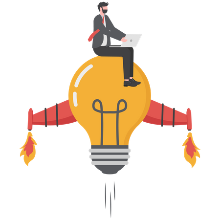 Successful businessman sits on flying rocket light bulb  Illustration