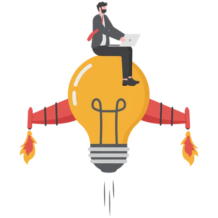 Businessman Sits On Flying Rocket Light Bulb Concept Of Creative Idea Illustration