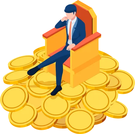 Flat 3 D Isometric Successful Businessman Sitting On Throne Atop Gold Coin Business Success Concept Illustration