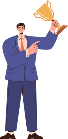 Successful businessman smiling and pointing at award goblet cup in hand  イラスト