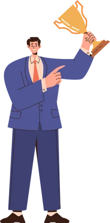 Successful businessman smiling and pointing at award goblet cup in hand  Illustration