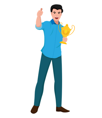 Successful businessman standing and holding trophy  Illustration