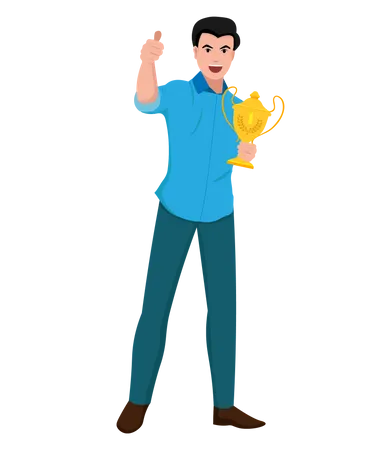 Young Handsome Successful Businessman With Business Plan Man Standing Holding Trophy Ready To Display Charts And Graphs Vector Illustration Illustration