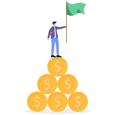 Successful businessman standing on Dollar Coins and holding flag  Illustration
