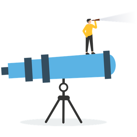 Successful businessman standing on the telescope  Illustration