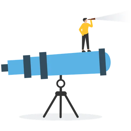 Successful businessman standing on the telescope  Illustration