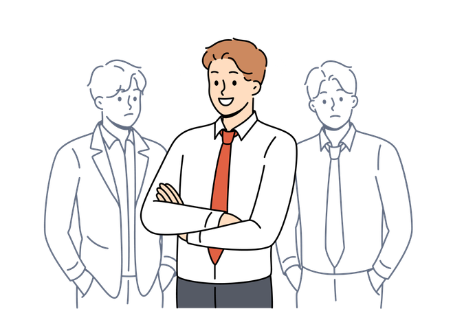 Successful businessman standing with arms crossed near unsuccessful and sad opponents  Illustration