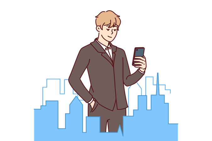 Successful businessman stands in downtown with miniature buildings and holds mobile phone  Illustration