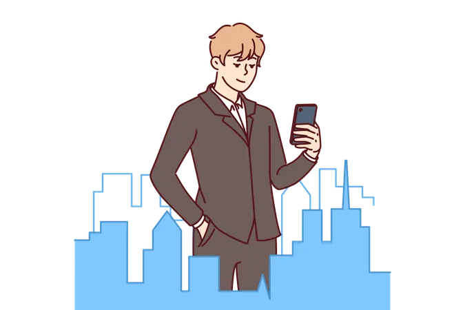 Successful businessman stands in downtown with miniature buildings and holds mobile phone  일러스트레이션