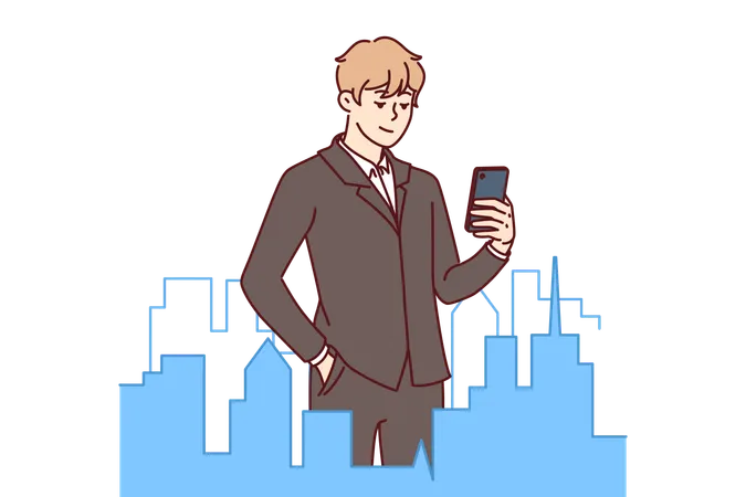 Successful businessman stands in downtown with miniature buildings and holds mobile phone  Illustration