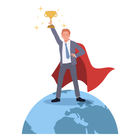 Successful Businessman winning over the world with trophy Illustration