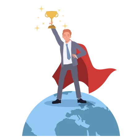 Businessman Superhero With Award Prize Trophy Winner On Earth Winner Achievement Victory Success Win Global Competition Flat Vector Illustration イラスト