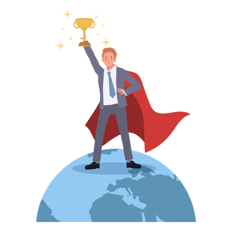 Successful Businessman winning over the world with trophy  Illustration