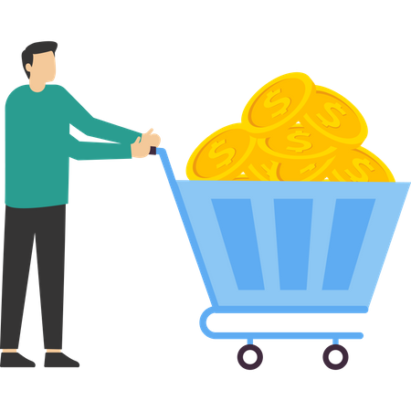 Successful businessman with lots of gold coins in cart  Illustration