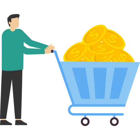 Successful businessman with lots of gold coins in cart  Illustration