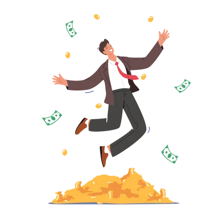 Business Growth Wealth And Prosperity Concept Rich Business Man Character Jump On Pile Of Golden Coins And Throw Dollar Banknotes Successful Businessman Millionaire Cartoon Vector Illustration Illustration