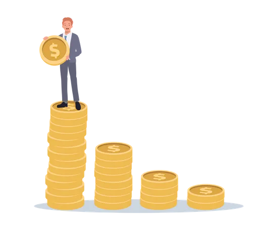 Business Growth Concept Businessman Stand On The Top Of Stack Of Growth Money Coins Vector Illustration Illustration