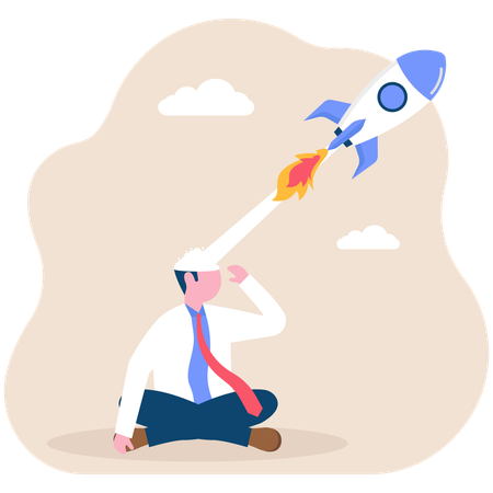 Successful businessman with rocket ship launching from his head  Illustration