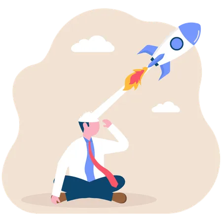 Successful businessman with rocket ship launching from his head  Illustration