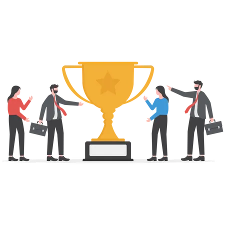 Team Success Recognition Reward For Teamwork To Achieve Business Goal Victory For Coworkers To Complete Work Mission Concept Successful Businessmen And Women Team Holding Winning Trophy Cup Illustration